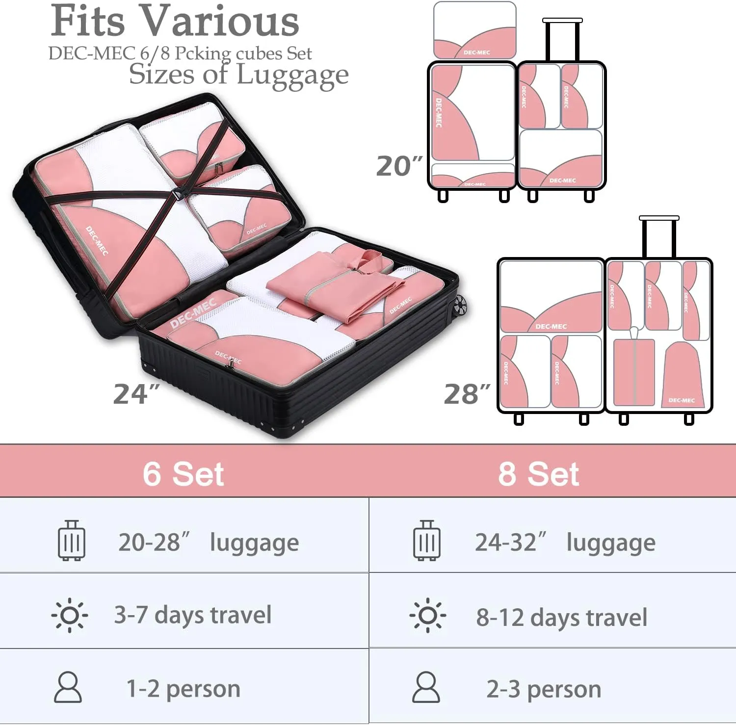 8 Set Packing Cubes for Travel (L,M,S,XS)-Suitcases Organizer Set for Travel Accessories Travel Essentials, Luggage Packing Bags for Carry on Suitcase (8set, Pink)