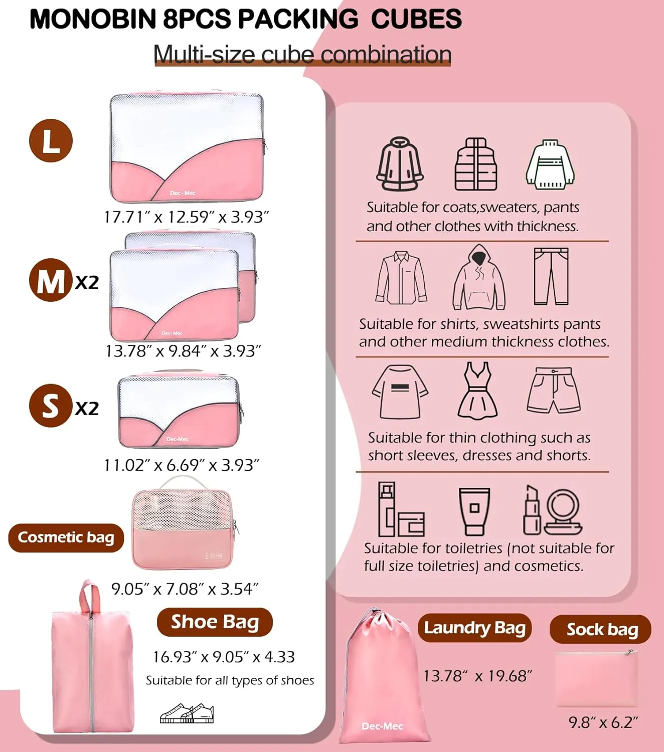 8 Set Packing Cubes for Travel (L,M,S,XS)-Suitcases Organizer Set for Travel Accessories Travel Essentials, Luggage Packing Bags for Carry on Suitcase (8set, Pink)