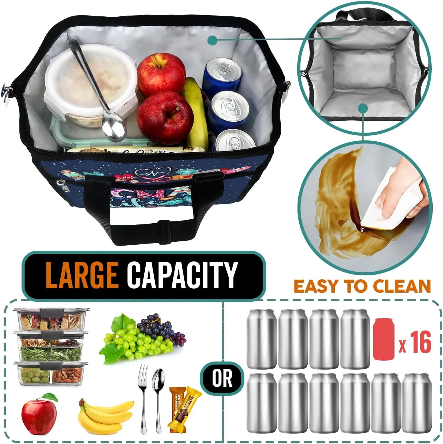 84hoods Large Lunch Bag for Women. Insulated Lunch Box for Work Office Travel Picnic with Adjustable Strap. Gift for CNA Nurse. CNA Life.