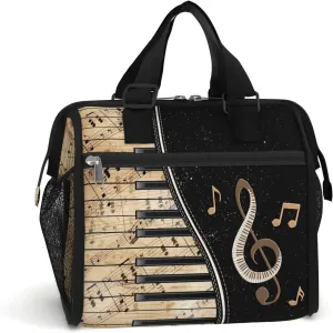 84hoods Large Lunch Box for Women. Insulated Lunch Bag for Work Office Travel Picnic with Adjustable Strap. Gift for Piano Players Lovers. Vintage Music Sheet.