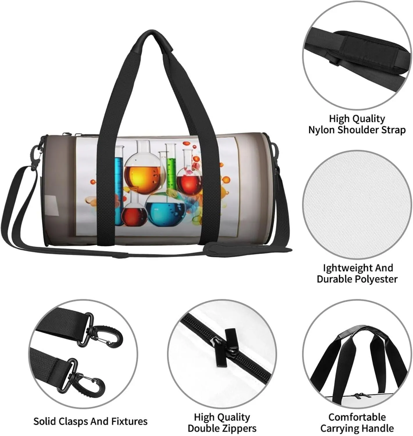 Abstract Science Chemistry Printed Travel Bag,Round Personal Item Storage bag,Foldie Duffel Bag for Traveling Vacation,Fitness,Sports