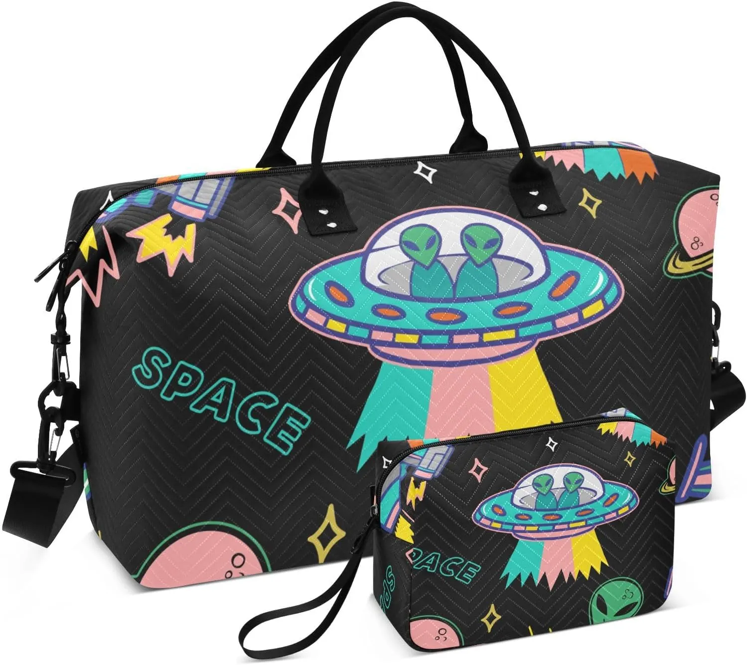 Aflyko Multicolor Unisex Adult Duffel Bag - 35L Travel Gym Tote Weekender Overnight Carry On Bag - Men Women Alien Rocket Sport Tote