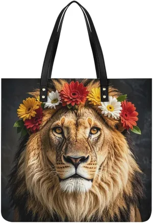 African Lion Wearing A Flower on Its Head Large Leather Handbags Women Fashion Handbag Multifunctional Travel Bag It Is A Great Gift for Mothers, Teachers, Friends, Bridesmaids