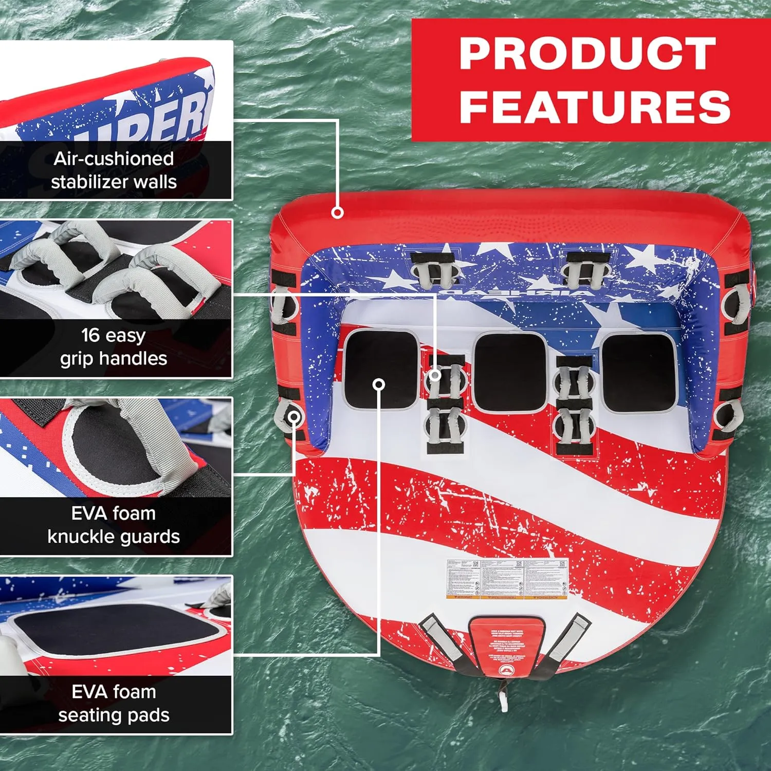 Airhead Mable Inflatable Towable Tube, 1-4 Rider Models, Dual Tow Points, Full Nylon Cover, EVA Foam Pads, Patented Speed Valve, Boat Tubes and Towables