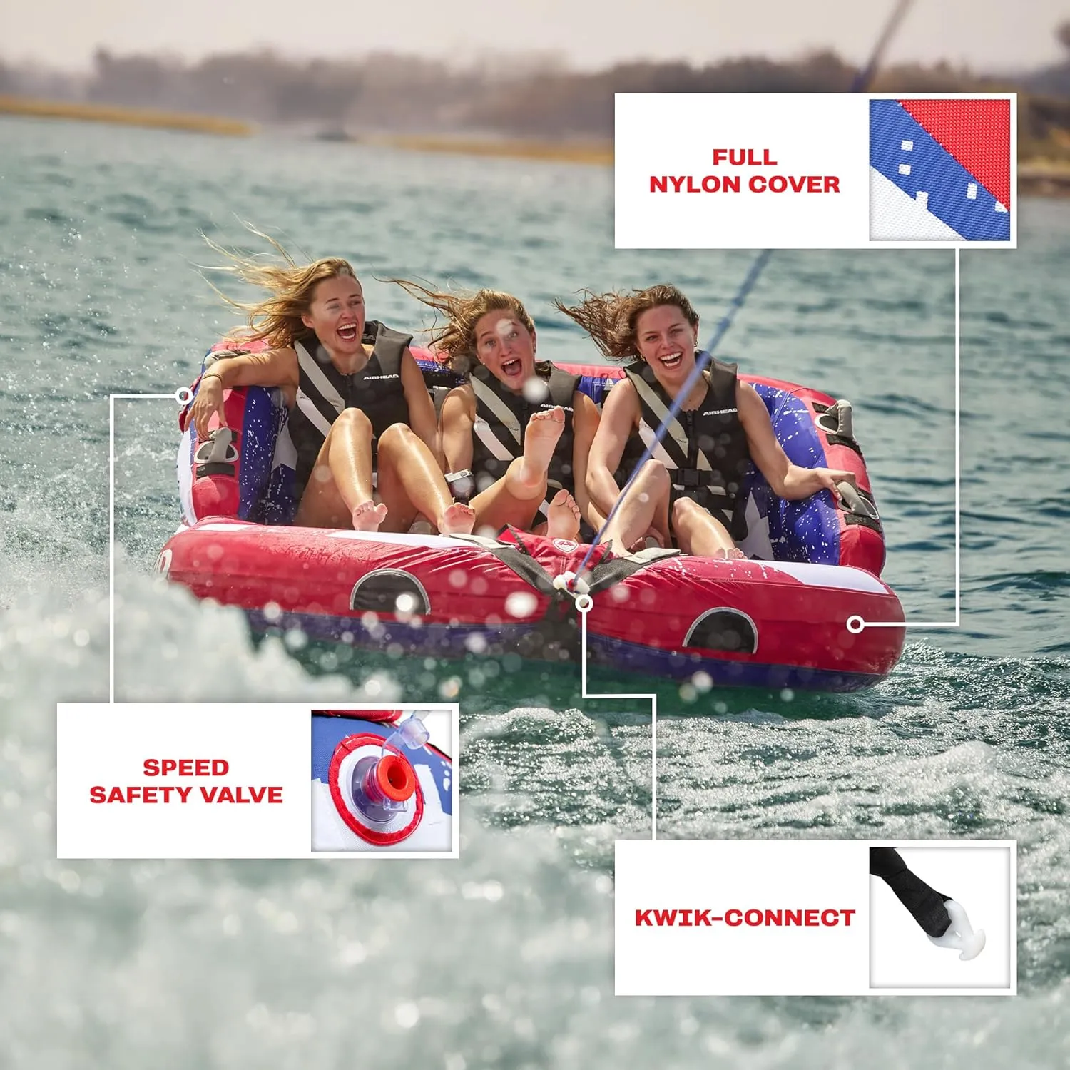 Airhead Mable Inflatable Towable Tube, 1-4 Rider Models, Dual Tow Points, Full Nylon Cover, EVA Foam Pads, Patented Speed Valve, Boat Tubes and Towables