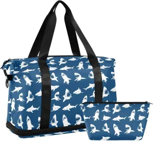 ALAZA Ocean Angry Sharks Travel Duffel Bag for Women Men Sports Gym Bag with Shoe Compartment Tote Weekender Overnight Bag with Wet Pocket for Travel, Gym,Yoga,Swimming