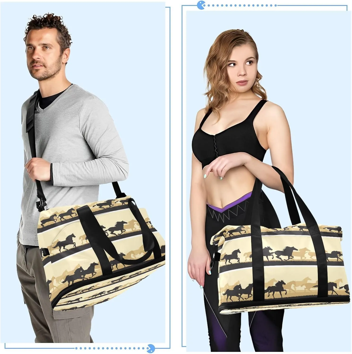ALAZA Silhouette Horses Travel Duffel Bag for Women Men Sports Gym Bag with Shoe Compartment Tote Weekender Overnight Bags with Wet Pocket for Travel, Gym,Yoga,Swimming