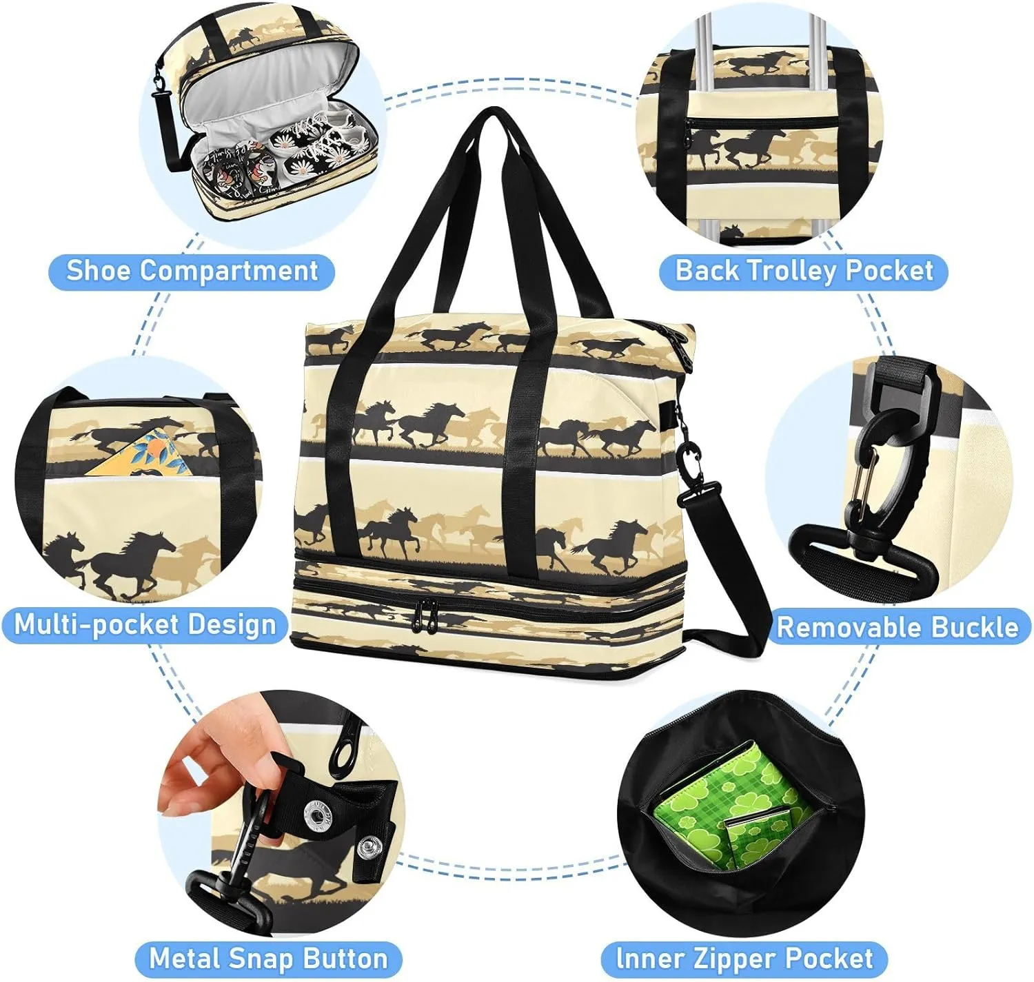 ALAZA Silhouette Horses Travel Duffel Bag for Women Men Sports Gym Bag with Shoe Compartment Tote Weekender Overnight Bags with Wet Pocket for Travel, Gym,Yoga,Swimming