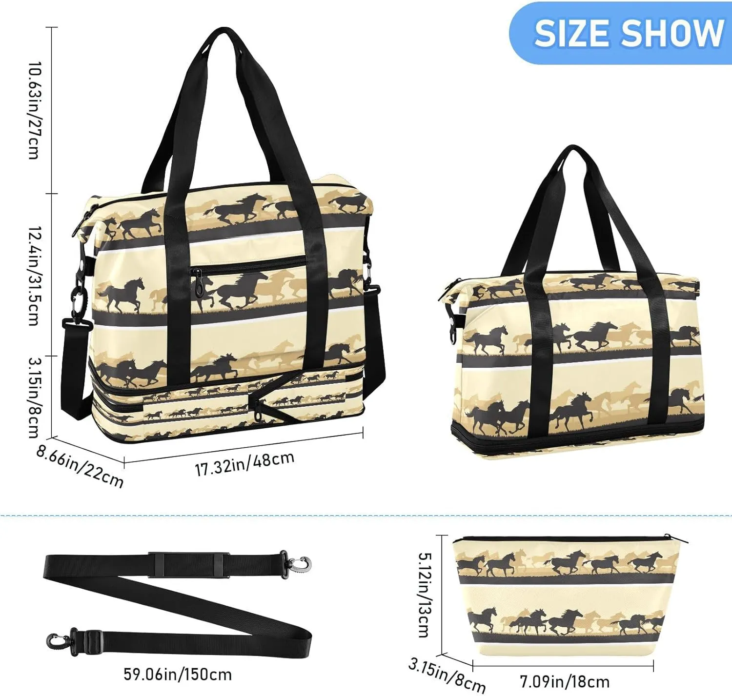 ALAZA Silhouette Horses Travel Duffel Bag for Women Men Sports Gym Bag with Shoe Compartment Tote Weekender Overnight Bags with Wet Pocket for Travel, Gym,Yoga,Swimming