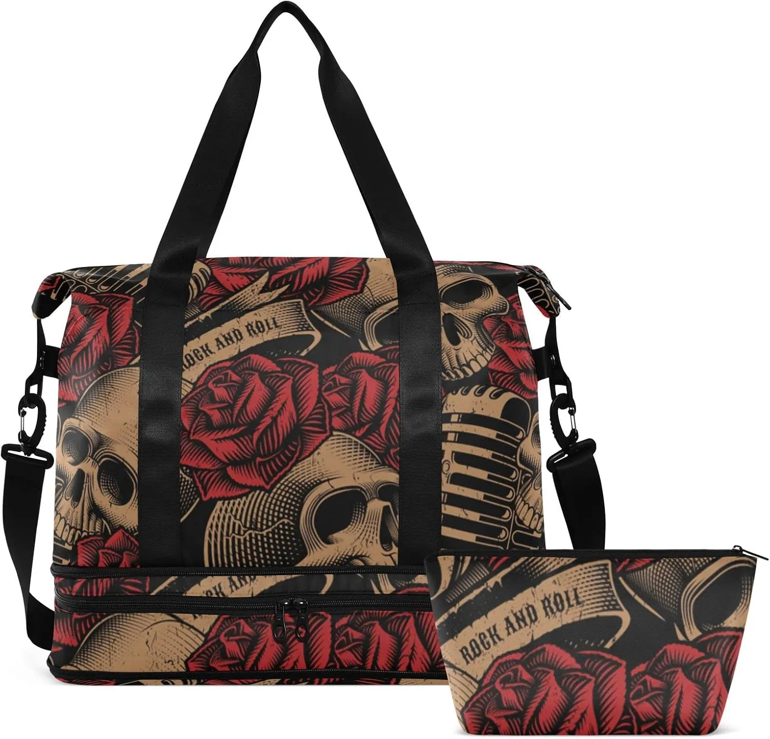 ALAZA Vintage Skulls Music Roses Gym Bag Sports Duffel Bag with Shoes Compartment, Overnight Weekender Travel Tote Bag for Women Men Trip College