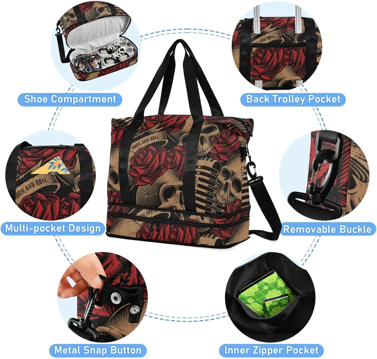 ALAZA Vintage Skulls Music Roses Gym Bag Sports Duffel Bag with Shoes Compartment, Overnight Weekender Travel Tote Bag for Women Men Trip College