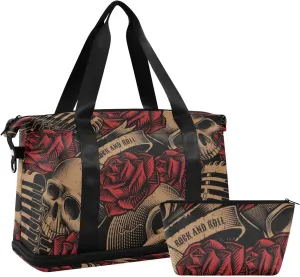 ALAZA Vintage Skulls Music Roses Gym Bag Sports Duffel Bag with Shoes Compartment, Overnight Weekender Travel Tote Bag for Women Men Trip College