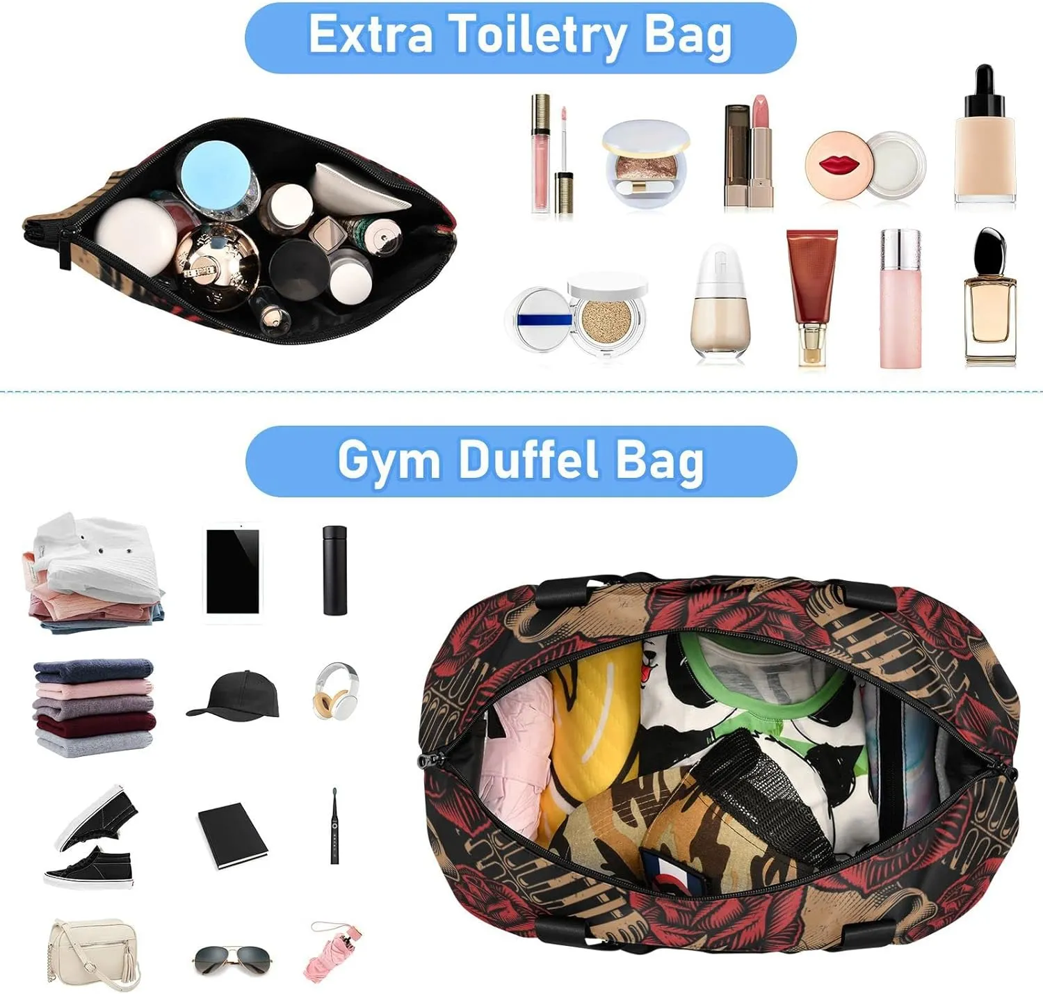 ALAZA Vintage Skulls Music Roses Gym Bag Sports Duffel Bag with Shoes Compartment, Overnight Weekender Travel Tote Bag for Women Men Trip College