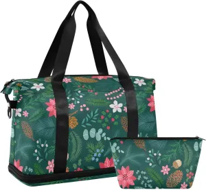 ALAZA Winter Christmas Flora Plant Travel Duffel Bag for Women Men Sports Gym Bag with Shoe Compartment Tote Weekender Overnight Bag with Wet Pocket for Travel, Gym,Yoga,Swimming