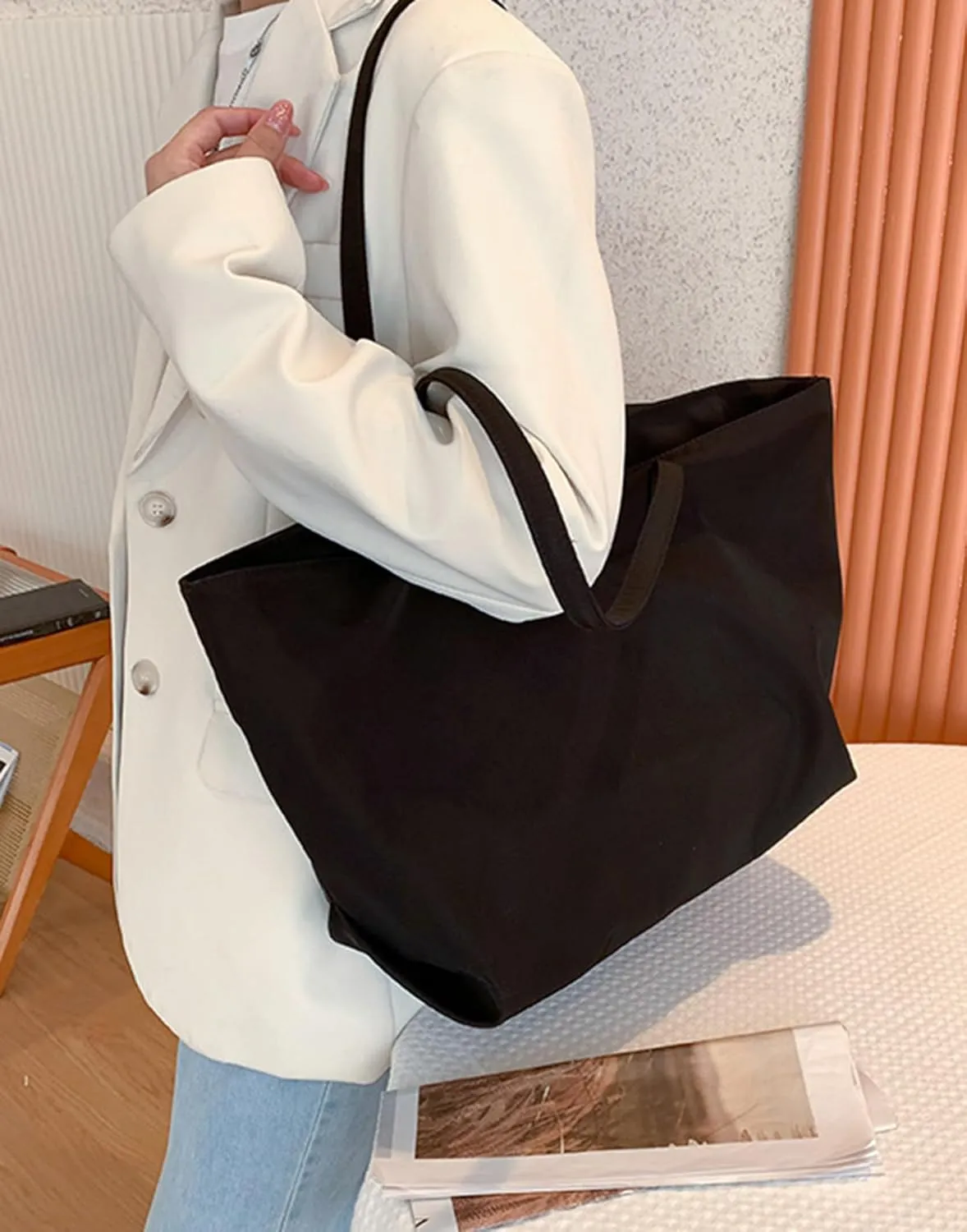 ALUWU Nylon Tote Bag for Women Waterproof Shoulder Handbag with Zipper