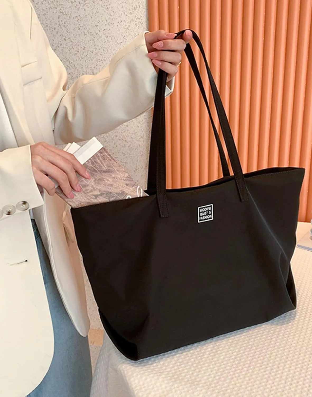 ALUWU Nylon Tote Bag for Women Waterproof Shoulder Handbag with Zipper