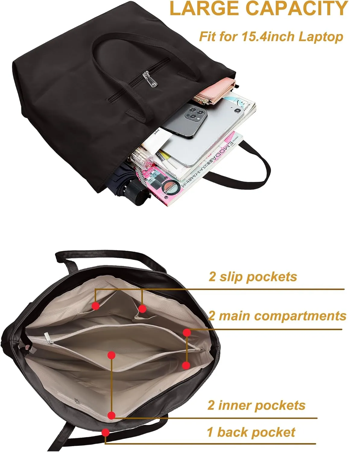 ALUWU Nylon Tote Bag for Women Waterproof Shoulder Handbag with Zipper