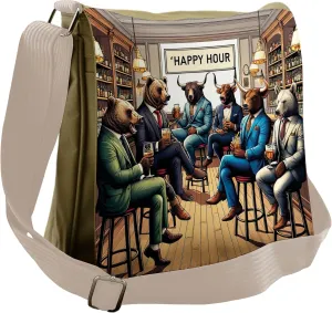 Ambesonne Humorous Messenger Bag, Happy Hour Bulls and Bears, Unisex Cross-body
