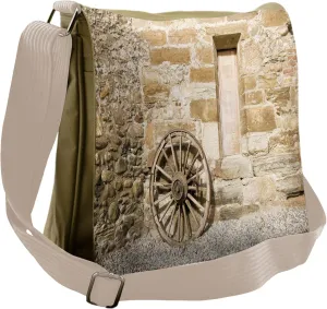 Ambesonne Wagon Wheel Messenger Bag, Old Rural Rocky Façade, Unisex Cross-body