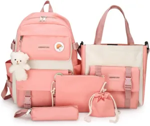 AONUOWE 5pcs Aesthetic Backpack Set for School Teens Girls Daypack Cute Trendy Large Capacity Preppy Shoulder Bag (Pink)