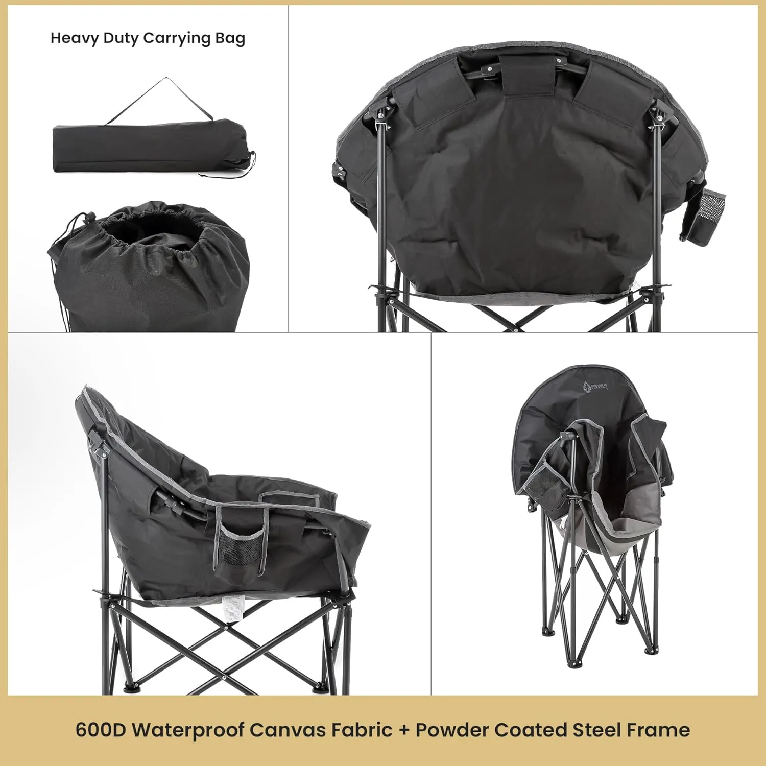 ARROWHEAD OUTDOOR Oversized Heavy-Duty Club Folding Camping Chair w/External Pocket, Cup Holder, Portable, Padded, Moon, Round, Saucer, Supports 330lbs, Carrying Bag, USA-Based Support