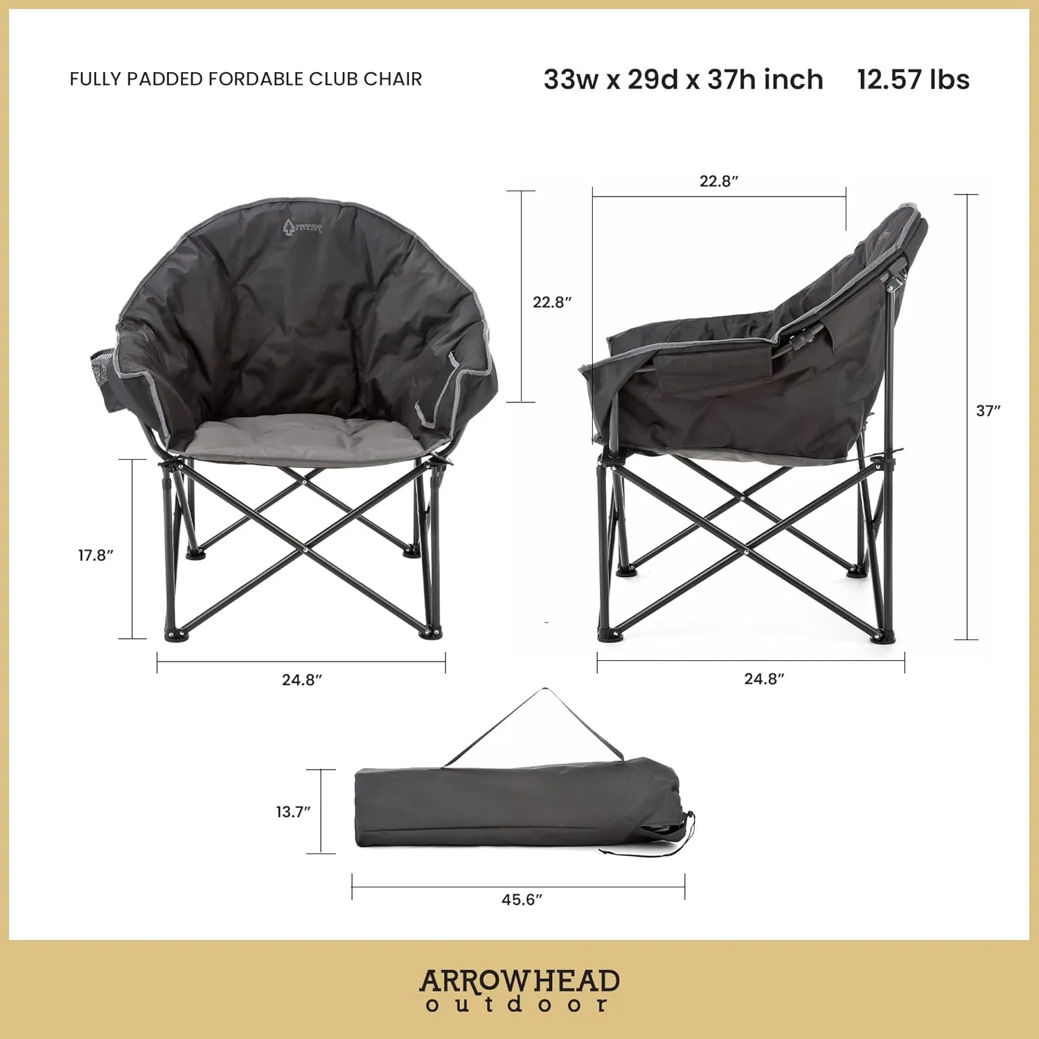 ARROWHEAD OUTDOOR Oversized Heavy-Duty Club Folding Camping Chair w/External Pocket, Cup Holder, Portable, Padded, Moon, Round, Saucer, Supports 330lbs, Carrying Bag, USA-Based Support