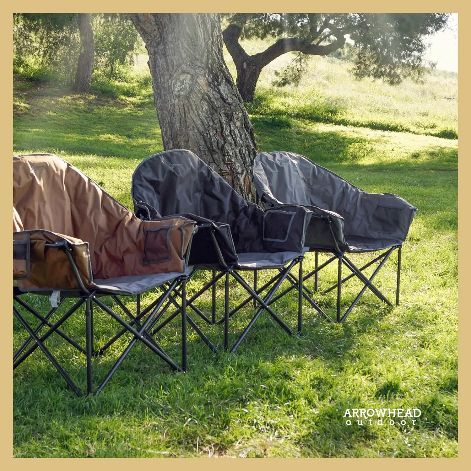 ARROWHEAD OUTDOOR Oversized Heavy-Duty Club Folding Camping Chair w/External Pocket, Cup Holder, Portable, Padded, Moon, Round, Saucer, Supports 330lbs, Carrying Bag, USA-Based Support