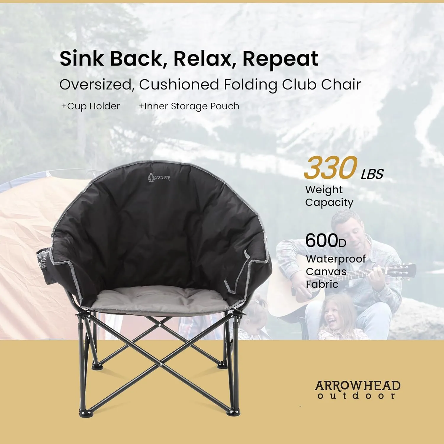 ARROWHEAD OUTDOOR Oversized Heavy-Duty Club Folding Camping Chair w/External Pocket, Cup Holder, Portable, Padded, Moon, Round, Saucer, Supports 330lbs, Carrying Bag, USA-Based Support