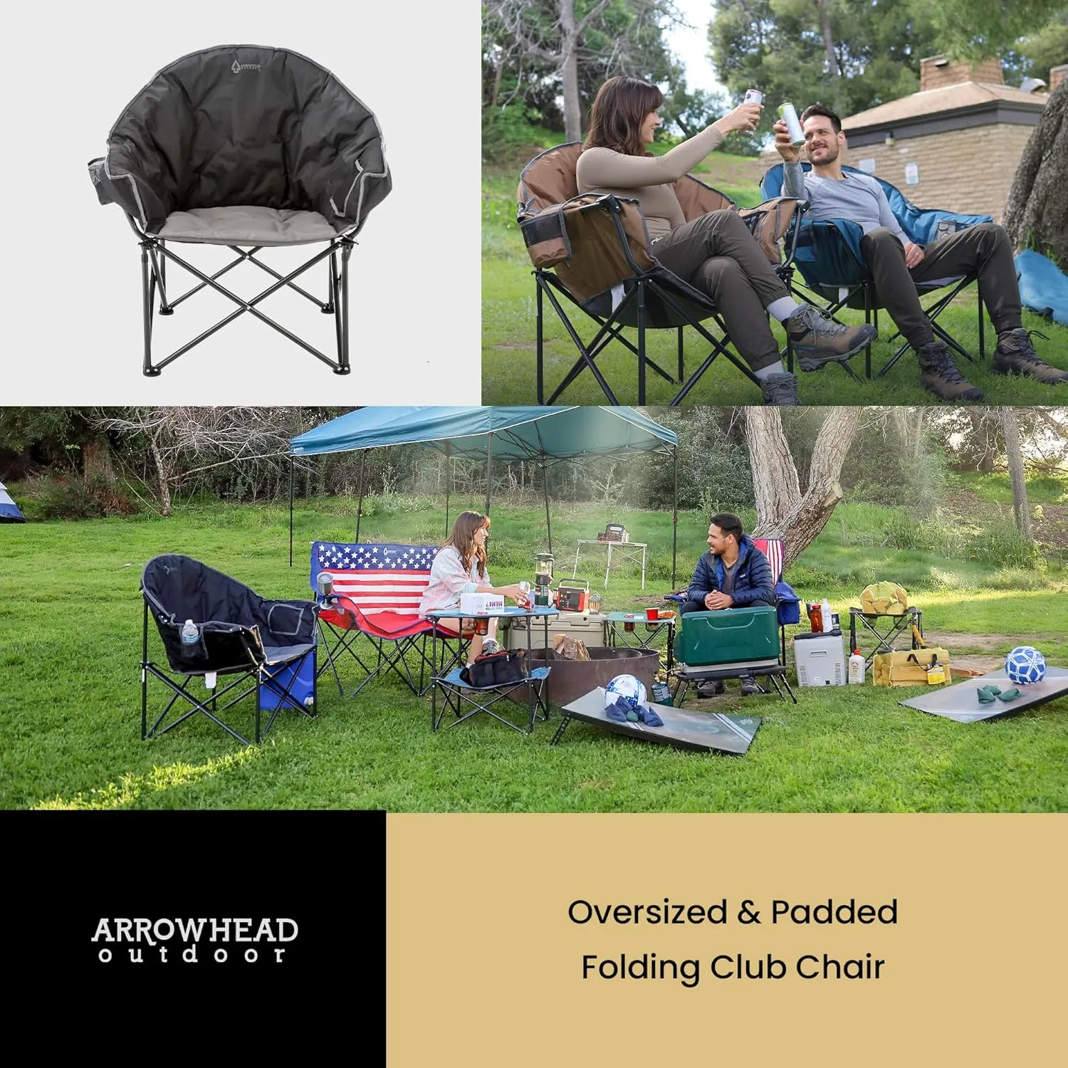 ARROWHEAD OUTDOOR Oversized Heavy-Duty Club Folding Camping Chair w/External Pocket, Cup Holder, Portable, Padded, Moon, Round, Saucer, Supports 330lbs, Carrying Bag, USA-Based Support