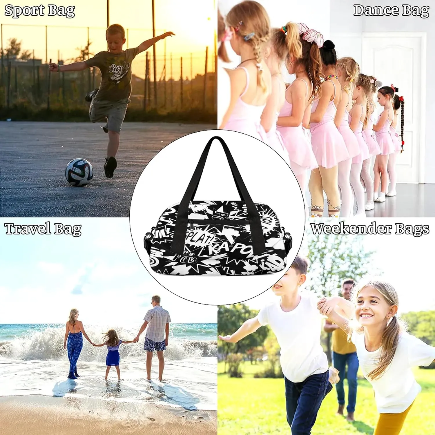 Art Alphabet Graffiti Kids Duffel Bag Lightweight Waterproof Sports Gym Bag with Front Zipper Pocket Foldable Weekender Overnight Bag for School Practice Gymnastic Ballet