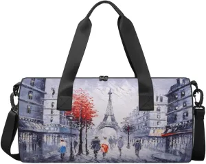 Art Painting France Paris Eiffel Tower Tree Sports Duffel Bag, Gym Tote Bag Waterproof Weekender Travel Bag for Overnight Travel Luggage Workout Women Men