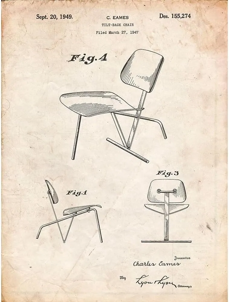 ArtDirect PP159- Vintage Parchment Eames Tilt Back Chair Patent Poster 45x60 Huge Black Modern Wood Framed Canvas Giclee Art by Borders, Cole