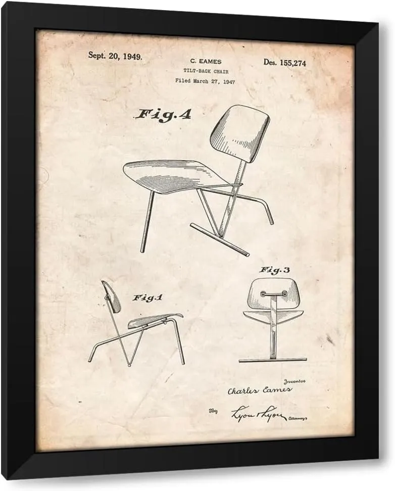 ArtDirect PP159- Vintage Parchment Eames Tilt Back Chair Patent Poster 45x60 Huge Black Modern Wood Framed Canvas Giclee Art by Borders, Cole
