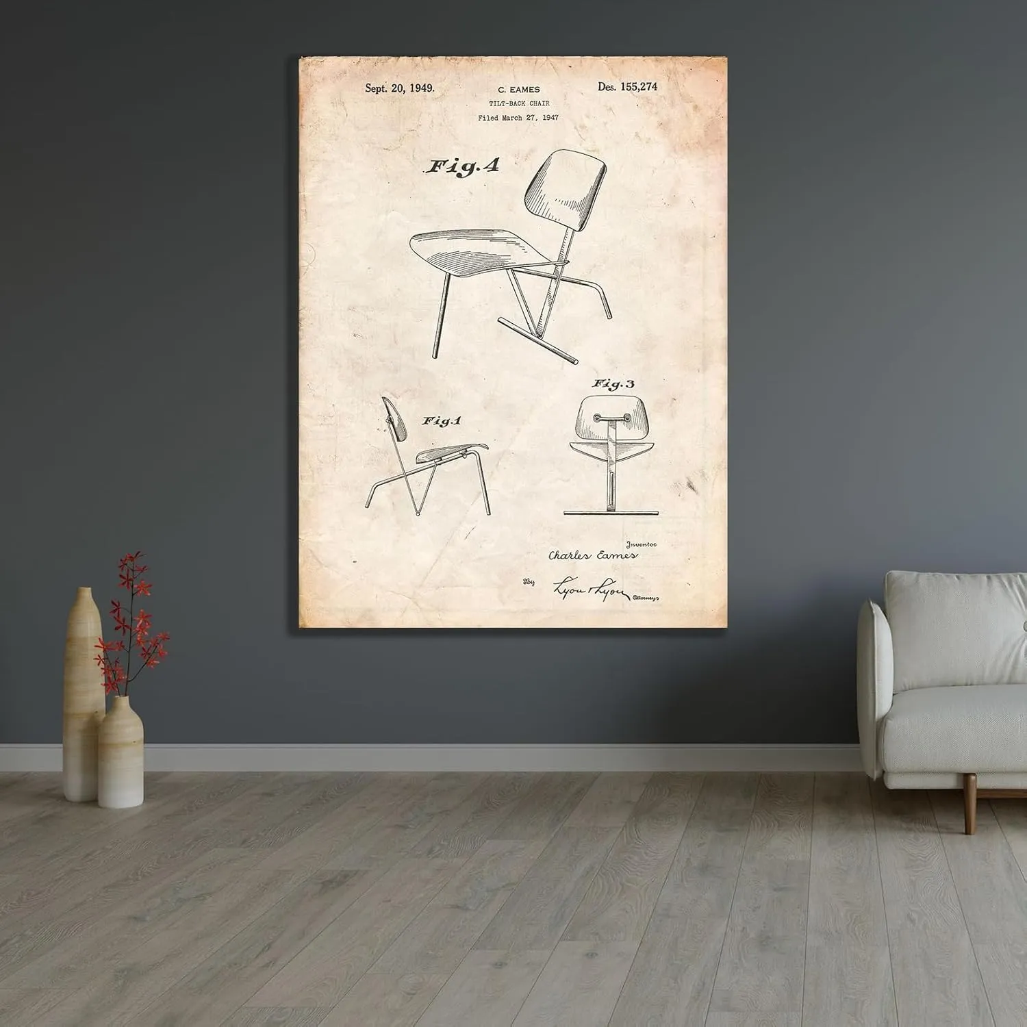 ArtDirect PP159- Vintage Parchment Eames Tilt Back Chair Patent Poster 45x60 Huge Black Modern Wood Framed Canvas Giclee Art by Borders, Cole