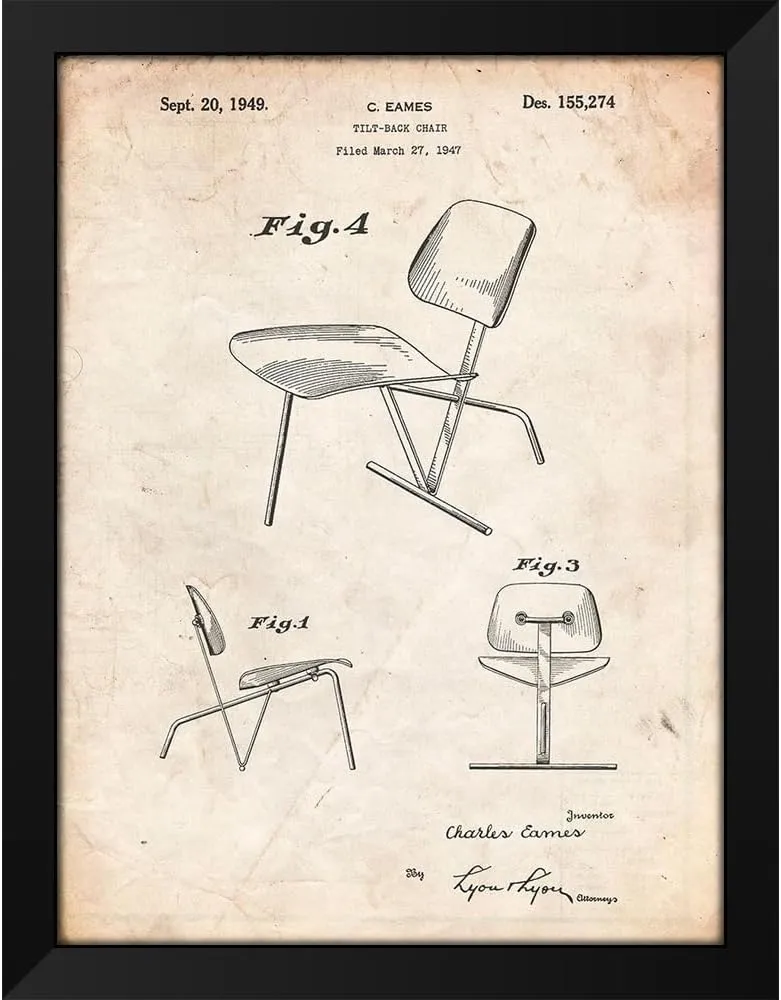 ArtDirect PP159- Vintage Parchment Eames Tilt Back Chair Patent Poster 45x60 Huge Black Modern Wood Framed Canvas Giclee Art by Borders, Cole