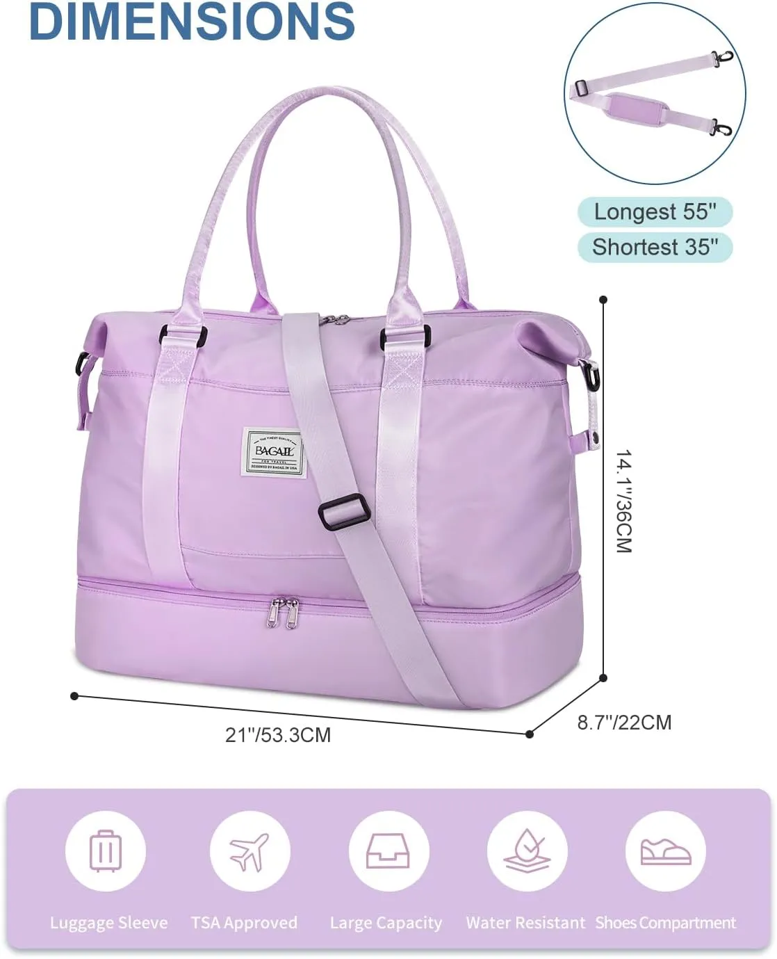 BAGAIL Travel Duffel Bag - Extra Large Weekender, Overnight Gym Carry On Tote with Wet Pocket, Hospital Mom Bag for Labor and Delivery - Purple