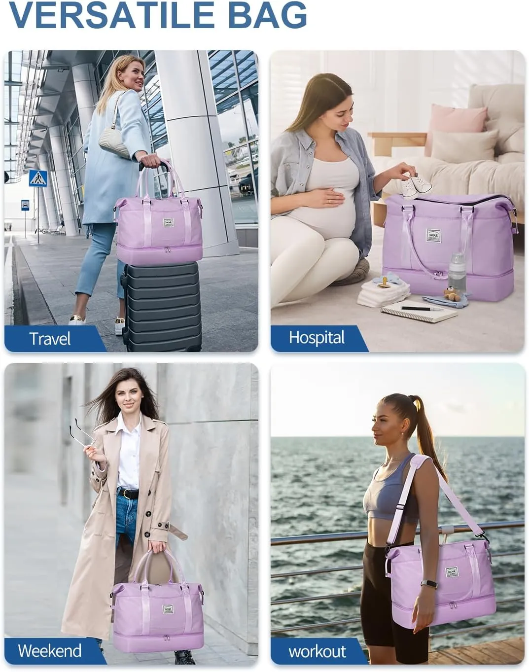 BAGAIL Travel Duffel Bag - Extra Large Weekender, Overnight Gym Carry On Tote with Wet Pocket, Hospital Mom Bag for Labor and Delivery - Purple