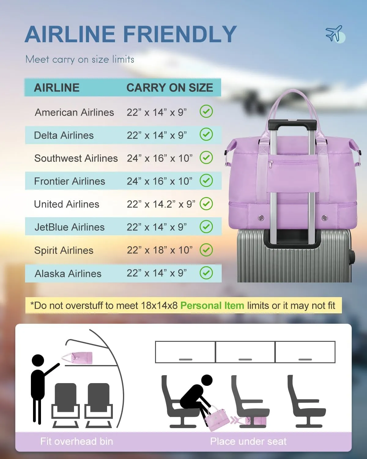 BAGAIL Travel Duffel Bag - Extra Large Weekender, Overnight Gym Carry On Tote with Wet Pocket, Hospital Mom Bag for Labor and Delivery - Purple