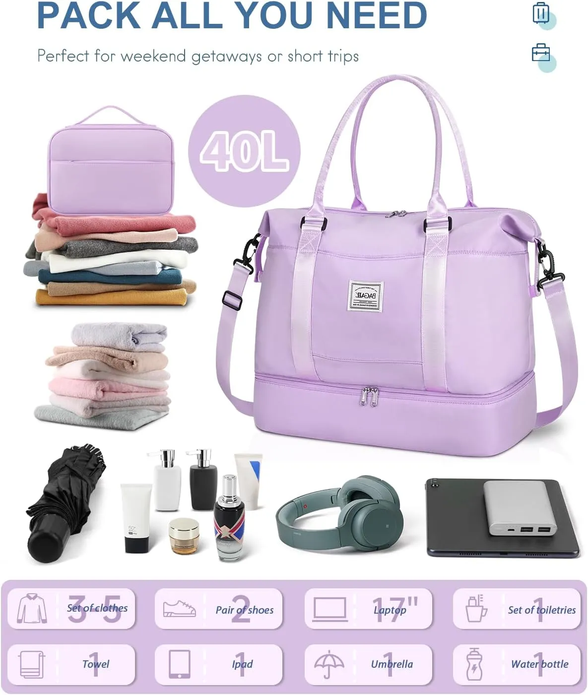 BAGAIL Travel Duffel Bag - Extra Large Weekender, Overnight Gym Carry On Tote with Wet Pocket, Hospital Mom Bag for Labor and Delivery - Purple