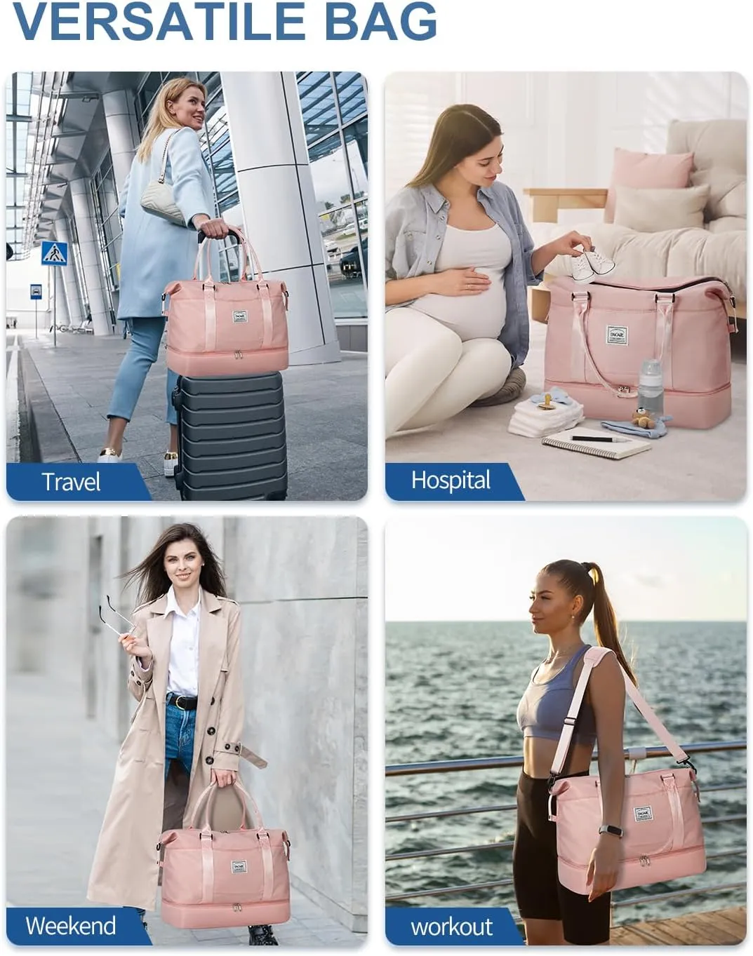BAGAIL Travel Duffel Bag, Weekender Bags for Women, Overnight Gym Carry On Tote Bag with Wet Pocket, Hospital Mom Bag for Labor and Delivery - Extra Large, Pink