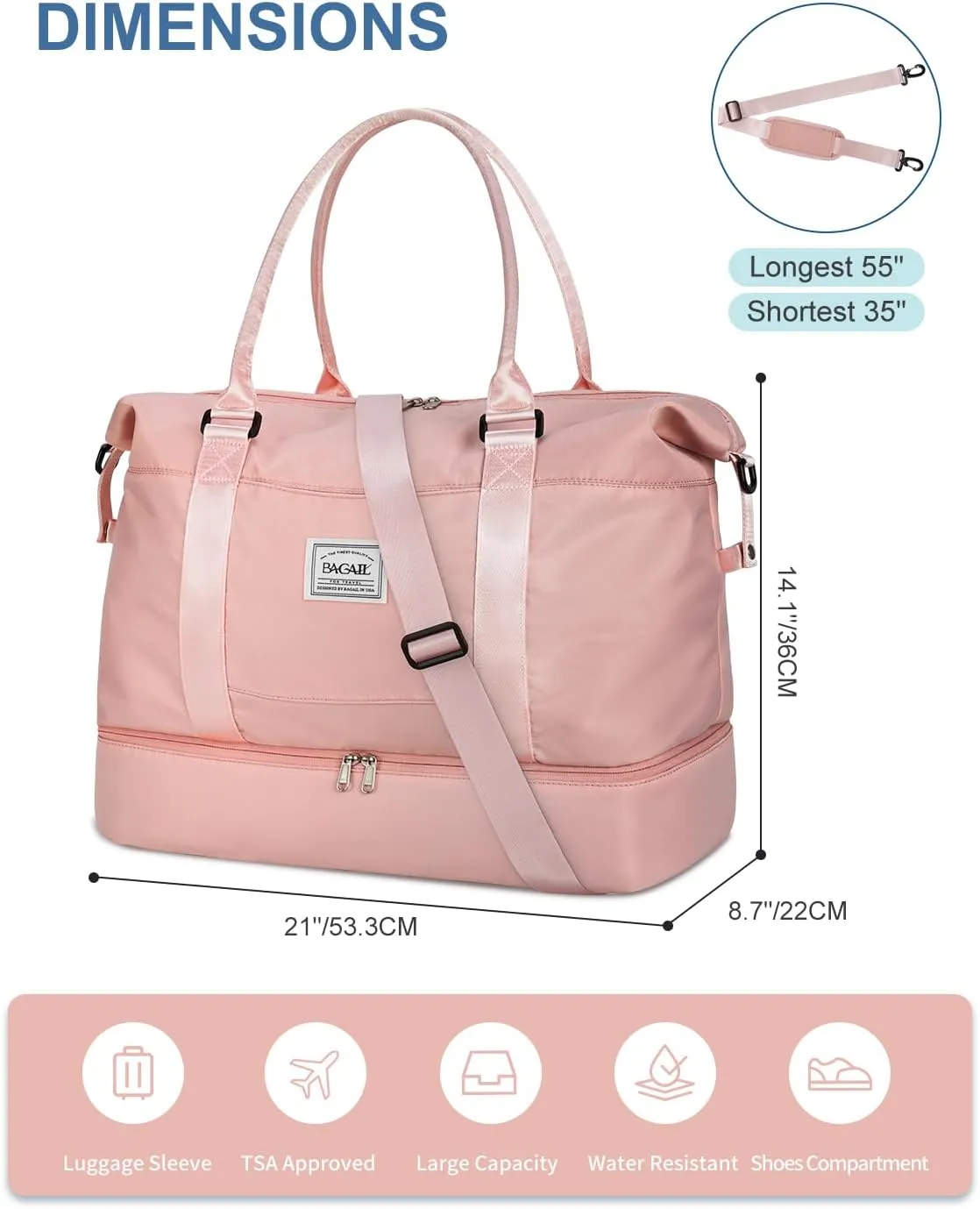 BAGAIL Travel Duffel Bag, Weekender Bags for Women, Overnight Gym Carry On Tote Bag with Wet Pocket, Hospital Mom Bag for Labor and Delivery - Extra Large, Pink