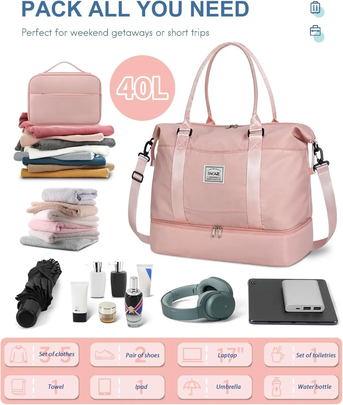 BAGAIL Travel Duffel Bag, Weekender Bags for Women, Overnight Gym Carry On Tote Bag with Wet Pocket, Hospital Mom Bag for Labor and Delivery - Extra Large, Pink