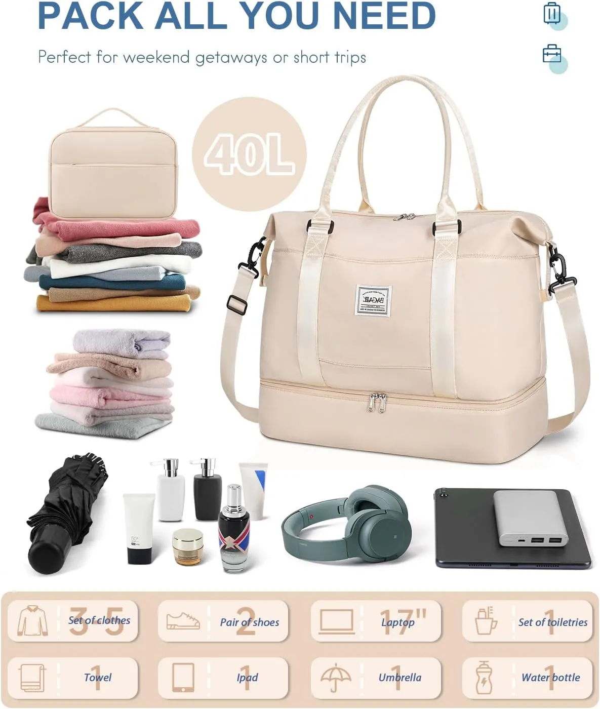 BAGAIL Travel Duffel Bag, Weekender Bags for Women, Overnight Gym Carry On Tote Bag with Wet Pocket, Hospital Mom Bag for Labor and Delivery - Extra Large Set, Beige