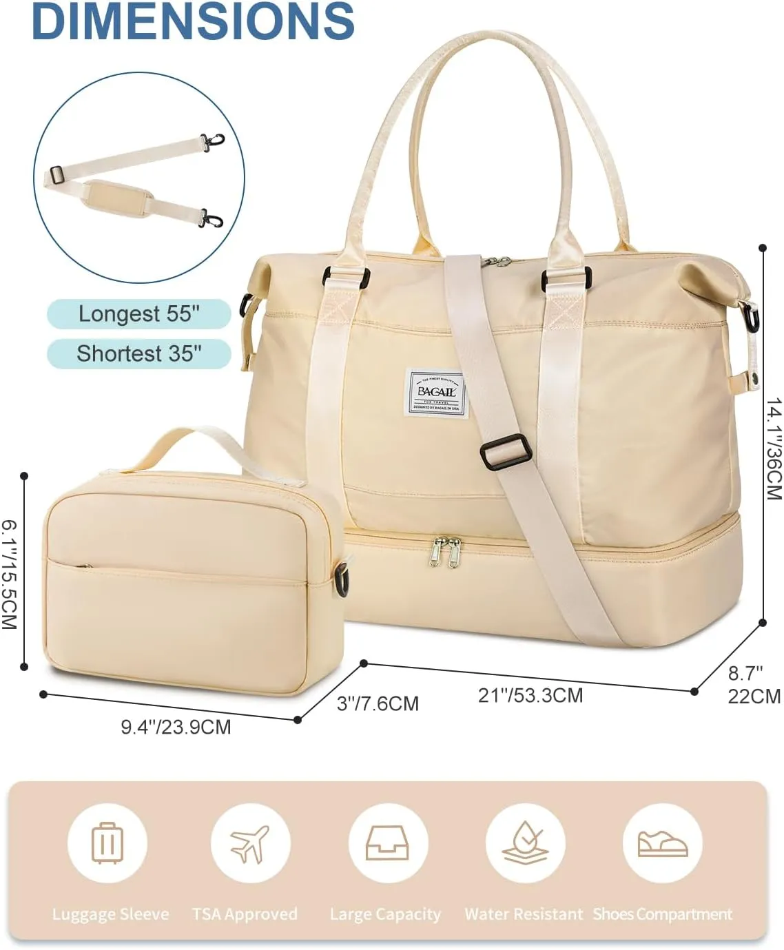 BAGAIL Travel Duffel Bag, Weekender Bags for Women, Overnight Gym Carry On Tote Bag with Wet Pocket, Hospital Mom Bag for Labor and Delivery - Extra Large Set, Beige