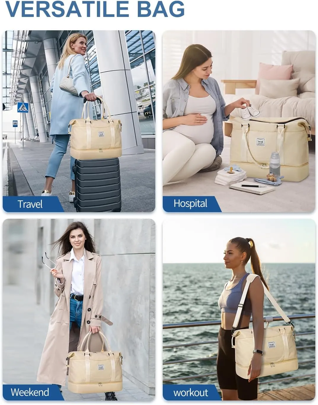 BAGAIL Travel Duffel Bag, Weekender Bags for Women, Overnight Gym Carry On Tote Bag with Wet Pocket, Hospital Mom Bag for Labor and Delivery - Extra Large Set, Beige