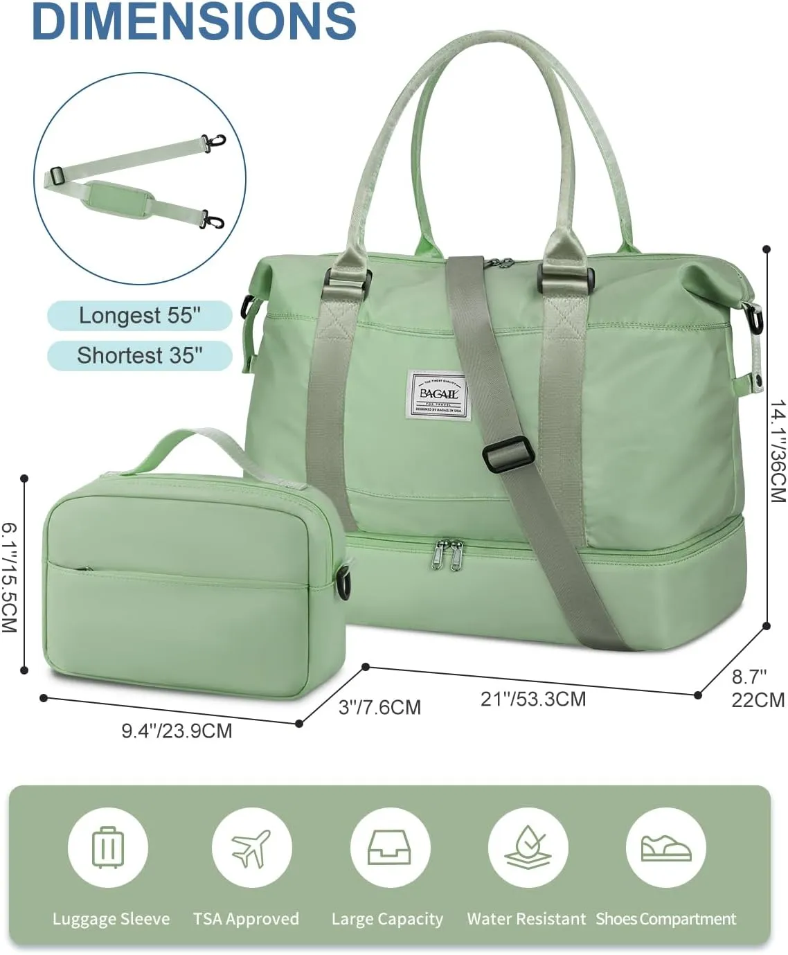 BAGAIL Travel Duffel Bag, Weekender Bags for Women, Overnight Gym Carry On Tote Bag with Wet Pocket, Hospital Mom Bag for Labor and Delivery - Extra Large Set, Olive Green
