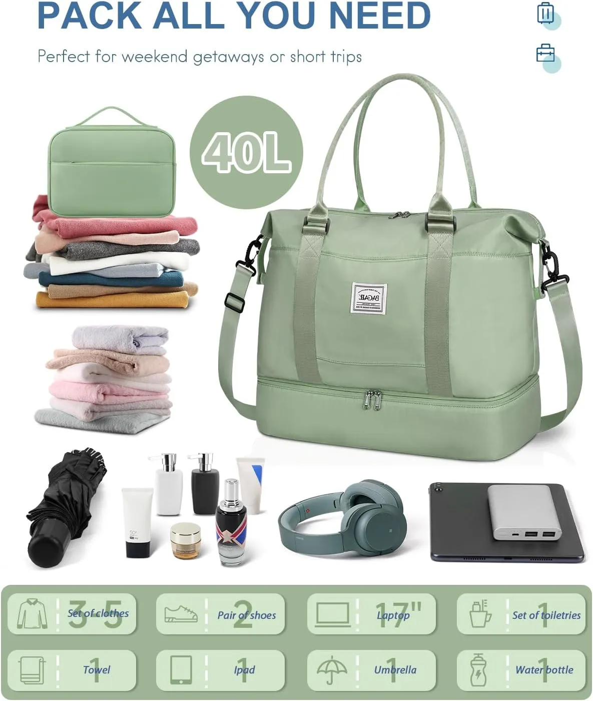 BAGAIL Travel Duffel Bag, Weekender Bags for Women, Overnight Gym Carry On Tote Bag with Wet Pocket, Hospital Mom Bag for Labor and Delivery - Extra Large Set, Olive Green