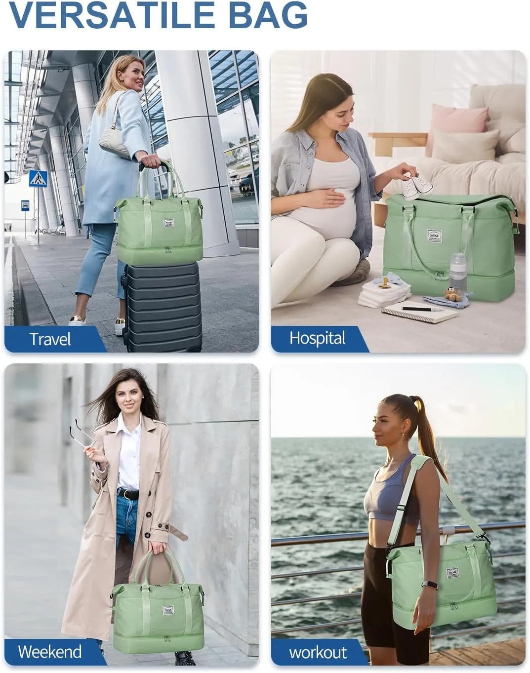 BAGAIL Travel Duffel Bag, Weekender Bags for Women, Overnight Gym Carry On Tote Bag with Wet Pocket, Hospital Mom Bag for Labor and Delivery - Extra Large Set, Olive Green