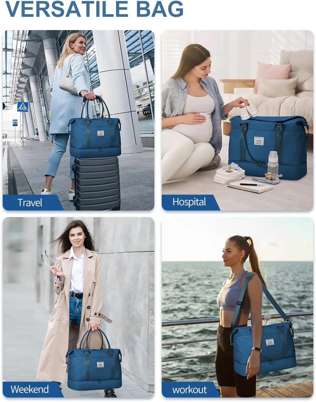 BAGAIL Travel Duffel Bag, Weekender Bags for Women, Overnight Gym Carry On Tote Bag with Wet Pocket, Hospital Mom Bag for Labor and Delivery - Extra Large Set, Peacock Blue