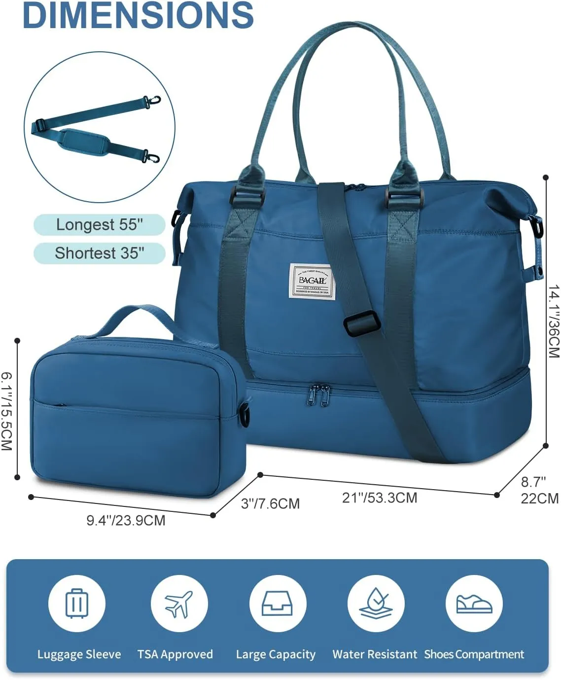 BAGAIL Travel Duffel Bag, Weekender Bags for Women, Overnight Gym Carry On Tote Bag with Wet Pocket, Hospital Mom Bag for Labor and Delivery - Extra Large Set, Peacock Blue